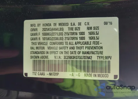2016 Honda Cr-V Lx from USA, damaged, VIN 3CZRM3H37GG707642